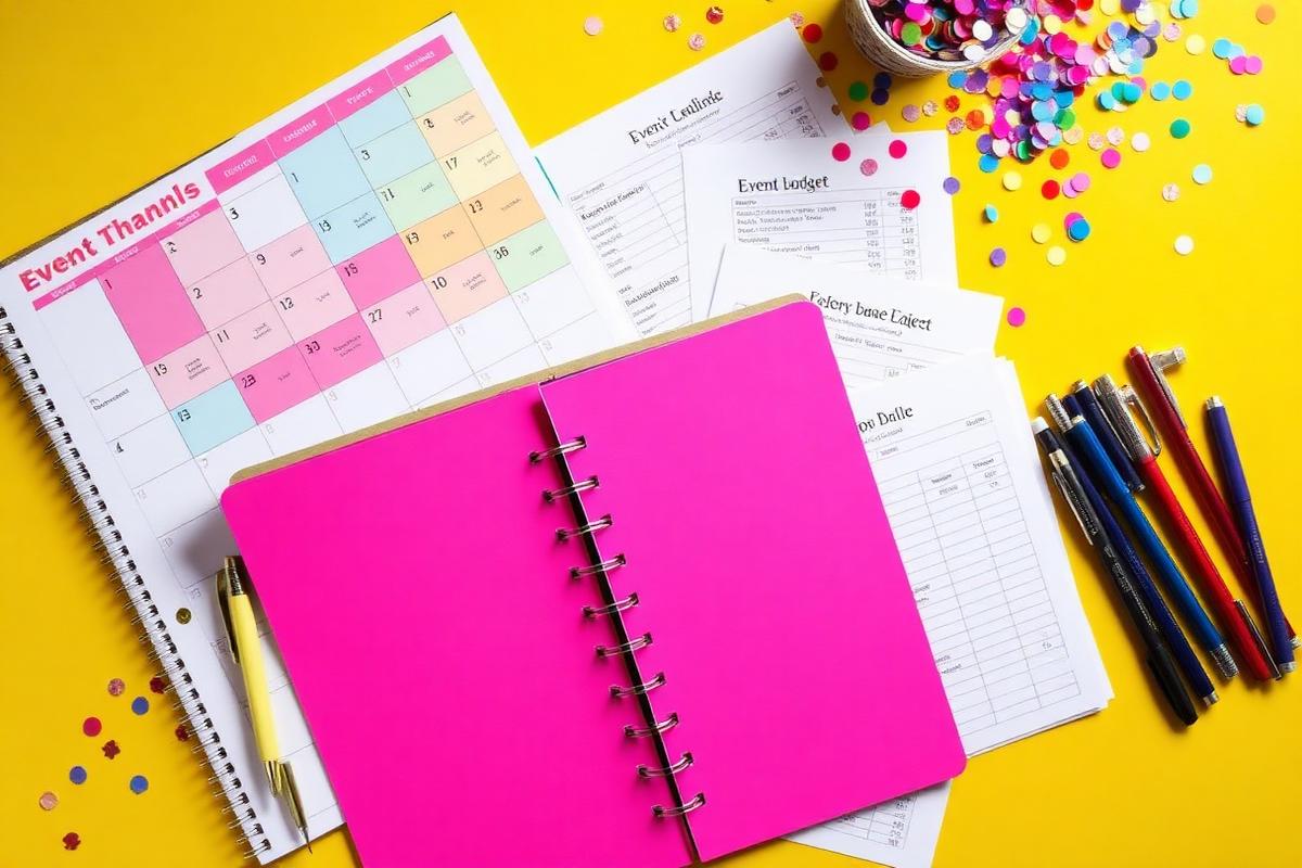 Event calendars, planners, budget sheets and checklists on a bright desk